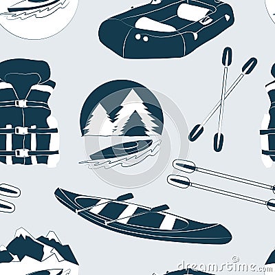 Rafting and kayaking icons collection pattern Vector Illustration