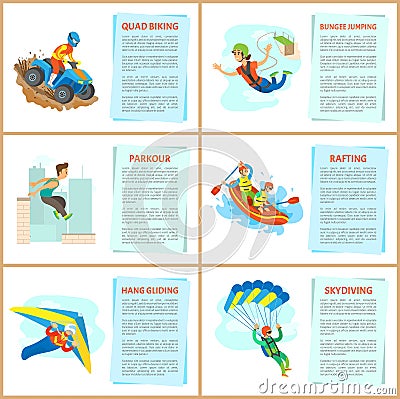 Rafting and Parkour in City, Motorbike Riding Set Vector Illustration