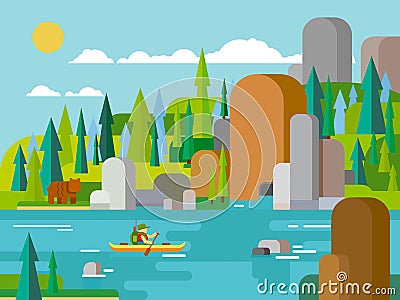 Rafting on river flat style Vector Illustration