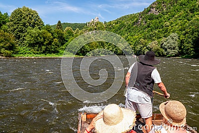 Rafting river Vah on wooden rafts Stock Photo