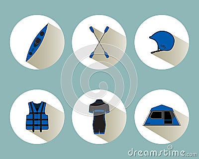 Rafting set icons with shadows in blue color Vector Illustration