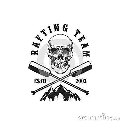 Rafting team. Emblem template with skull, crossed paddles and mountain. Design element for poster, card, banner, flyer Vector Illustration