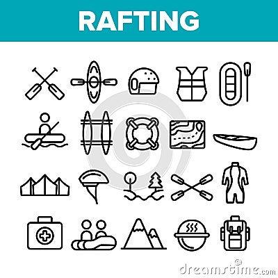 Rafting Trip, Sport Linear Vector Icons Set Vector Illustration