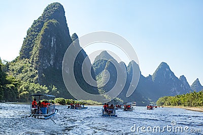 Rafts on Li River tour in Guilin, China. Editorial Stock Photo