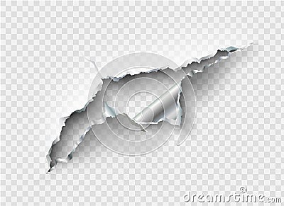 Ragged Hole torn in ripped metal on transparent Stock Photo