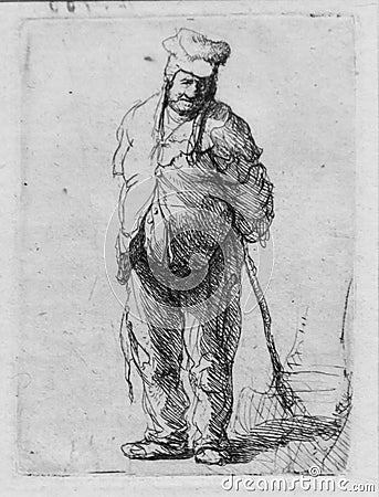 Ragged peasant holding a stick behind his back, Rembrandt van Rijn Editorial Stock Photo