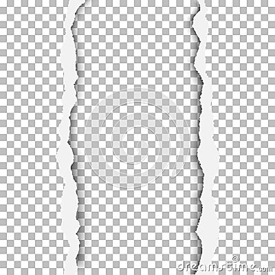 Ragged vertical hole in paper sheet. Main background and the resulting window are transparent and checkered. Edges of the hole Vector Illustration