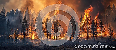 A raging forest fire rages out of control, with towering flames and billowing smoke consuming the trees in a Stock Photo