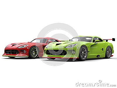 Raging red and crazy green super race cars side by side on start line Stock Photo