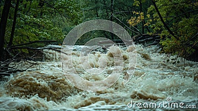 A raging river swollen by the constant deluge of rain rushing through the forest and knocking down trees in its path Stock Photo