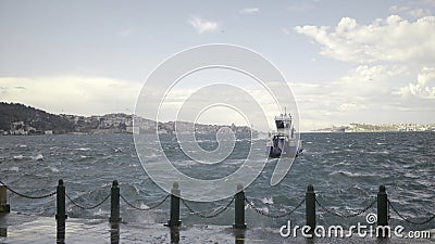 Raging sea. Action. View of the seascape,sailing ship and blue sky overhead. Stock Photo