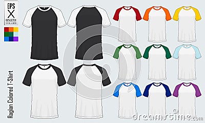 Raglan round neck t-shirts templates. Colored sleeve jersey mockup in front view and back view for baseball, soccer, football. Vector Illustration