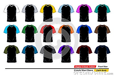 Raglan v-neck t-shirt template. colors short sleeve, black body Vector Illustration