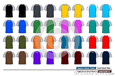 Raglan v-neck t-shirt template. colors short sleeve, gray body. front, side and back Vector Illustration