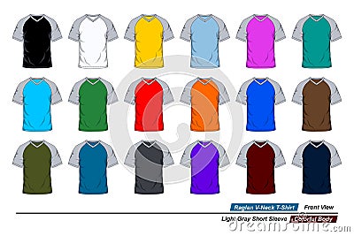 Raglan v-neck t-shirt template. gray short sleeve, colors body Vector Illustration