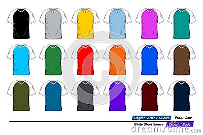 Raglan v-neck t-shirt template. white short sleeve, colors body Vector Illustration