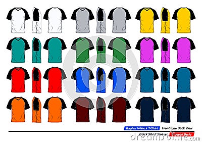 Raglan v-neck t-shirt template. white short sleeve, colors body. front, side and back Vector Illustration