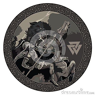 Ragnarok. Battle of the God Odin with the wolf Fenrir. Illustration of Norse mythology Vector Illustration