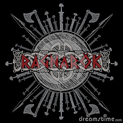 Ragnarok Viking design. The shield of a Viking with runes, battle axes, swords and spears Vector Illustration