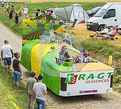 RAGT Semences Vehicle on a Cobblestone Road- Tour de France 2015 Editorial Stock Photo