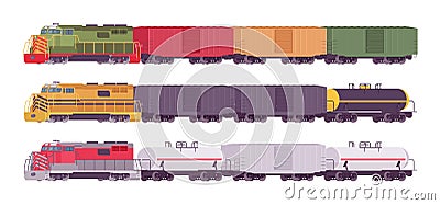 Rail Freight train set, goods wagons on railway transporting cargo Vector Illustration