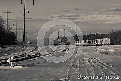 rail landscape. snowing BW Stock Photo