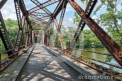 Catskills Rail Trail Steel-Truss Bridge in Upstate NY. Stock Photo