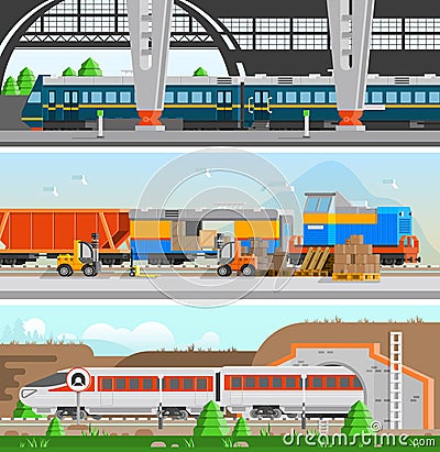 Rail Transport Horizontal Flat Banners Vector Illustration