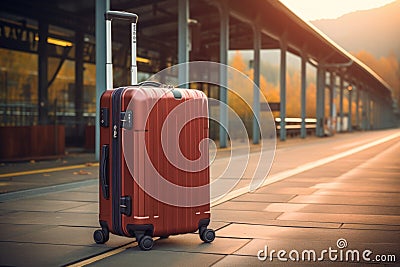 Rail Travel Vibes: Modern luggage at the train station, emanating a sense of excitement and wanderlust for an upcoming Stock Photo