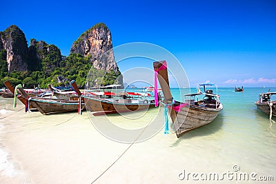 Railay Beach, Tropical beach traditional long tail boat andaman sea Stock Photo