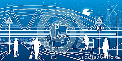 Road repair under the railroad bridge. Service highway. Modern night town. Outline Urban scene. Industrial transport illustration. Vector Illustration