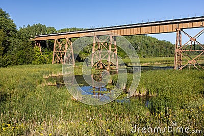 Railroad Bridge Over A Swampy Creek Stock Photo