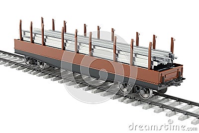 Railroad car with stack of rolled metal products, 3D rendering Stock Photo