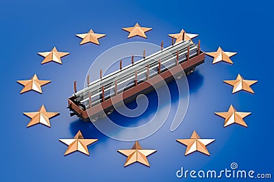 Railroad car with stack of rolled metal products on flag of the EU. Production and trade of metal products in European Union, Stock Photo