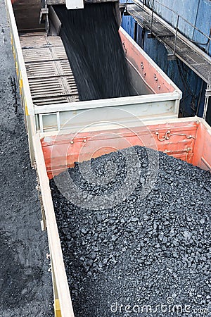 Railroad cargos filled with black coal Stock Photo