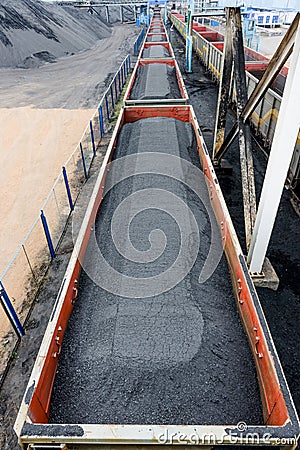 Railroad cargos filled with black coal Stock Photo