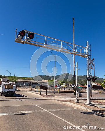 Railroad crossing in the center of town, William, Arizona State, USA Editorial Stock Photo