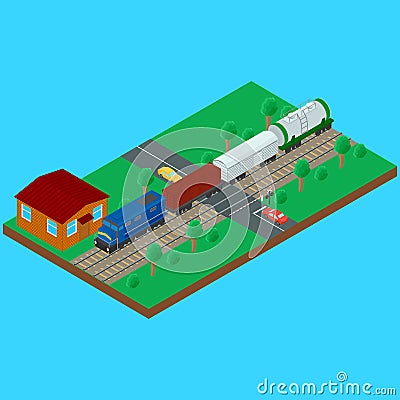 Railroad crossing, freight train carries a tank container wagon Vector Illustration