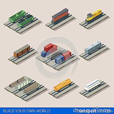 Railroad 3d vector transport: cistern tank locomotive coal wood Vector Illustration