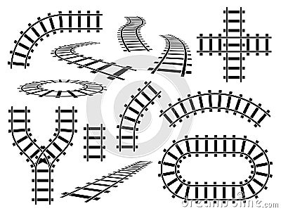 Railroad elements. Curved, straight and wavy rail tracks. Railway rails in perspective and top view, steel bars road Vector Illustration