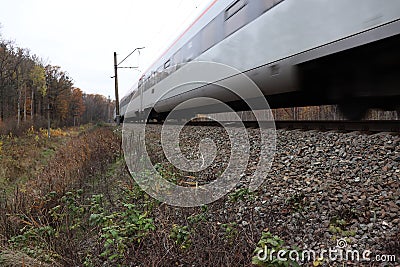 Railroad through the forest, autumn, train. Stock Photo