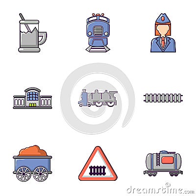 Railroad icons set, flat style Vector Illustration