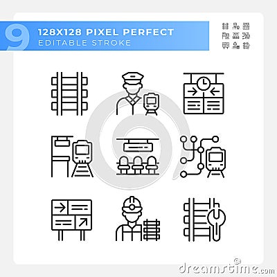 Railroad industry pixel perfect linear icons set Vector Illustration