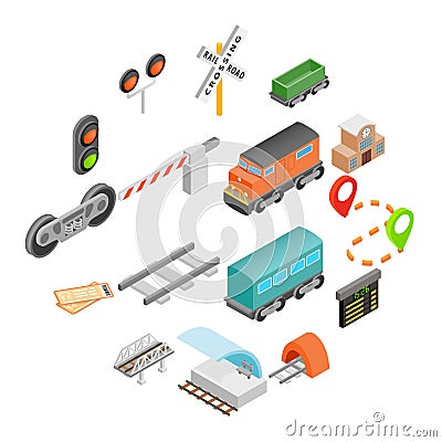 Railroad isometric 3d icons Vector Illustration