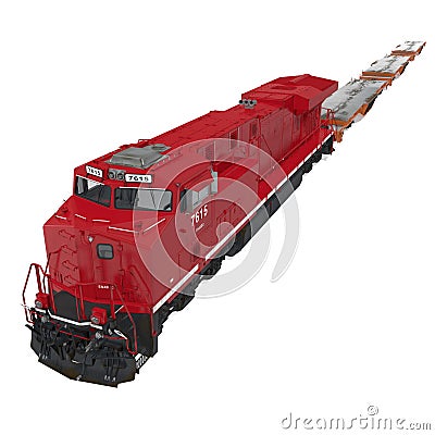 Railroad Locomotive with Heavy Duty Flat Cars on white. 3D illustration Cartoon Illustration