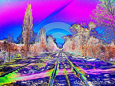 Railroad in motion at sunset. Railway station with motion neon Stock Photo