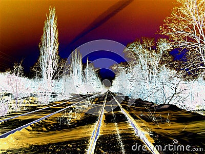 Railroad in motion at sunset. Railway station with motion neon Stock Photo