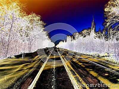 Railroad in motion at sunset. Railway station with motion neon Stock Photo