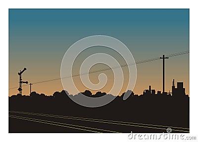 Railroad and rail signalling with trees and industrial area silhouette background. Vector Illustration