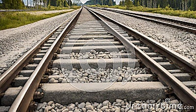 railroad rails on concrete sleepers. updated railway high-speed, express train railway, close-up, Estonia Stock Photo